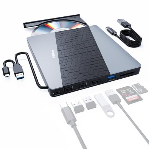 UNITEK Unità CD DVD esterna per laptop, lettore CD DVD portatile USB3.0/USB C 6-in-1 con lettore di schede Hub USB Lettore masterizzatore CD ROM Supporta Windows11/10/vista/2003/XP, Linux, Mac 10 OS