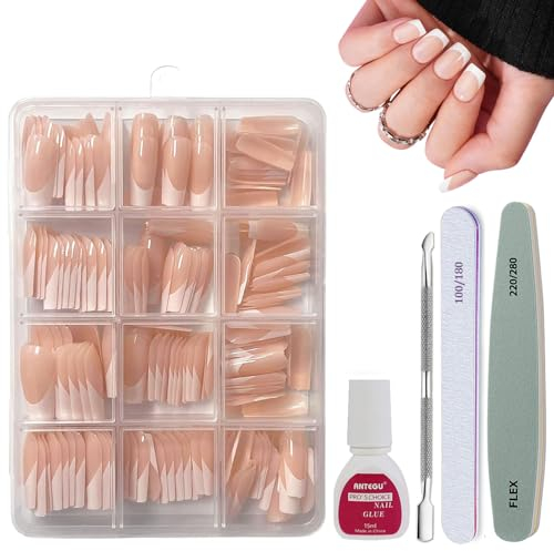French Tip False Nails, 240Pcs Short Square Press on Nails, Nude French Fake Nails, Full Cover Glue on Nail White Tip Nail Art Manicure Decorations for Girls Women
