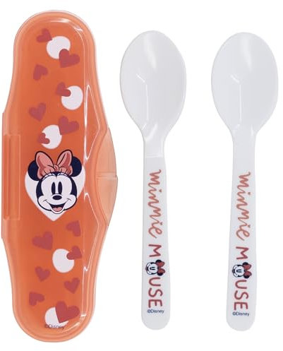 Set due cucchiai Bambine Minnie Mouse in plastica, senza BPA, lavabili e riutilizzabili, con scatola