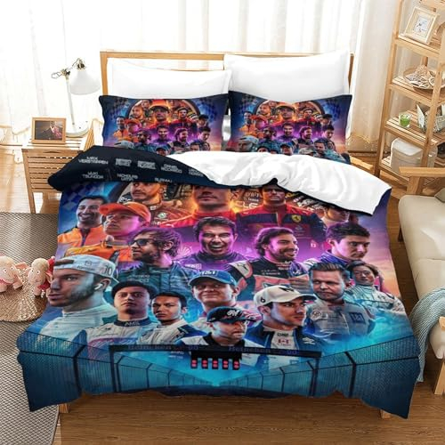 BYTFGAIT 3D F1-Rennen Bettwäsche-Set,Bettbezug Für Teenager,F1 Fahrer Microfaser Bettwäsche Mit Reißverschluss Und Kissenbezug Single(140x200cm)