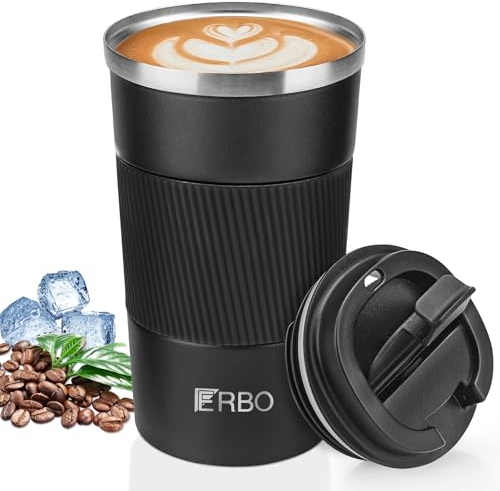ERBO Kaffeebecher to go, Thermobecher Kaffee to go, 510ml Auslaufsicher Kaffeebecher mit Deckel, Coffee to go Becher, Kaffeebecher to-go Thermo, Thermobecher Edelsthal für Wasser Tee Kaffee (Schwarz)