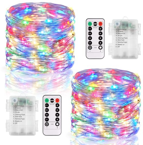 2 Stück LED Lichterkette mit Batterie, 12M 120 LED Lichterkette Innen mit Fernbedienung und Timer, Wasserdicht Lichterketten Kupferdraht für Weihnachten Patry Hochzeit DIY Deko (Mehrfarbig)