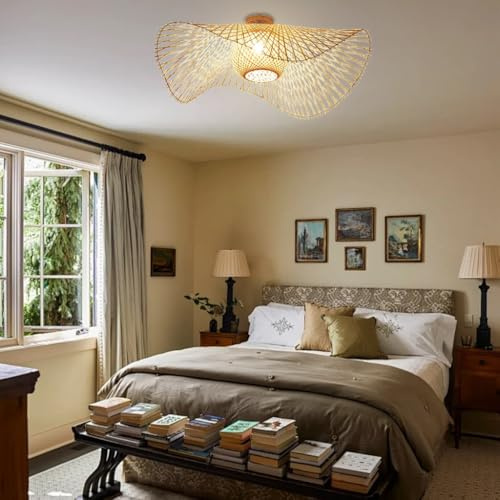 DOCJX Deckenleuchte Bambus E27 Deckenlampe Boho Style Retro Natürliche Gewebte Lampenschirm Rattan Schlafzimmer Lampe Restaurant Licht Landbeleuchtung Esszimmer Hängeleuchten Wohnzimmer Beleuchtung(10