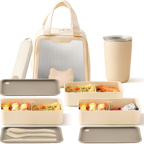 Bakpoco Große Bento-Box für Erwachsene, tragbar, wiederverwendbar, 2041 ml, große Kapazität, Lunchbox mit 3 Trennwänden, inklusive Lunchtasche, Tassen, Gabel und Löffel, geeignet für Arbeit, Picknick,