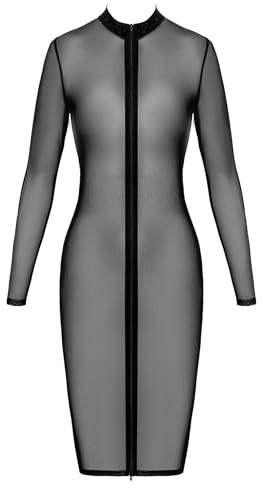 Noir Handmade F347 halblanges Kleid aus feinem Netz, Knielanges Netzkleid mit 2-Wege-Reißverschluss, Langen Ärmeln, Transparentes Feines Netz Stehkragen Kleid XL
