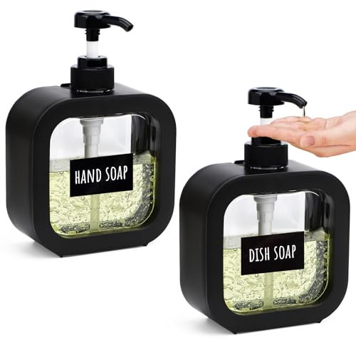 Segbeauty Spülmittelspender Schwarz, 2 Stück Pumpflasche 500ml, Seifenspender Bad, Seifenspender Kunststoff, Duschgel Spender mit Etiketten, Pumpspender für Küche und Bad