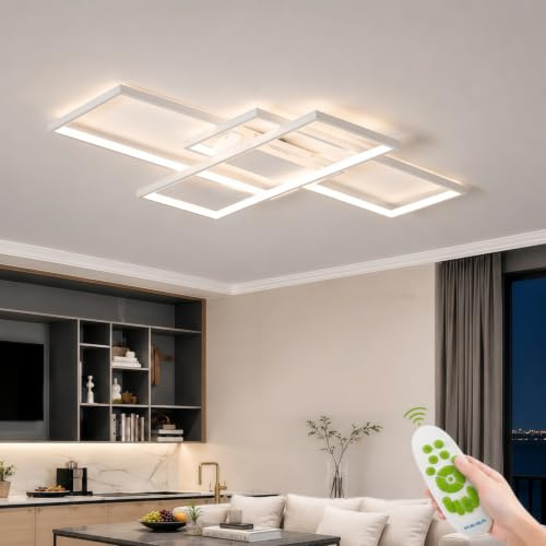 JYYQ LED Deckenleuchte 54W, dimmbar mit Fernbedienung für Wohnzimmer | 5400 lm, 3000–6500 K, 10–100 % dimmbar, Aluminium mit Silikondiffusor, austauschbarer LED-Streifen, 80 x 45 x 6,5 cm