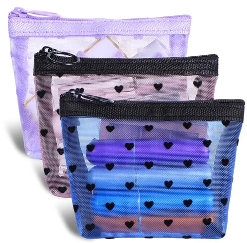 3 Teiliges Kosmetiktasche Transparente Tasche Make Up Taschen Mini Kosmetiktasche Netz Mini Netztaschen Mit Reißverschluss Make Up Tasche,Netztasche für Lippenstift Kopfhörer-Blau + Lila + Pink