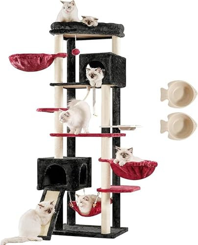 Hey-brother Arbre à chat d'intérieur de 180 cm, avec 2 niches, 2 paniers pour chat, hamac, gamelle et griffoir en sisal, arbre à chat à plusieurs étages, noir rougeâtre EMPJ036BR