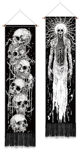 PLIGREAT 2er Pack Skelett Wandteppich mit Quasten, Schwarz und Weiß Ästhetischer Wandbehang Goth Stil Vertikaler Home Art Wandteppich für Schlafzimmer Wohnzimmer Lange Schmale Wandbehang Kunst Dekor