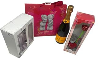 Luxury Champagne Gift Set, Champagne with Beer and Champagne Glass Set and Plush Bear, Red Gift Bag Included