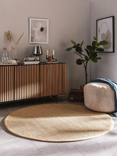 benuta Pure Sisalteppich Greta - Creme 150x150 cm Rund - 100% Sisal - Rund & im Style: Bordüre, Uni, Natural Living, Scandi Living - Pflegeleicht für Wohnzimmer Schlafzimmer