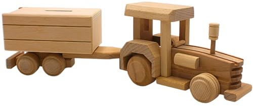 Nachhaltige fahrbare Holz - Spardose, Sparbüchse als Traktor, Kinder - Spardose, Trecker Spardose, Sparschwein Trecker, Kinderspardose Traktor, Spartraktor aus Buchenholz, L/B/H 36 x 8 x 12 cm.