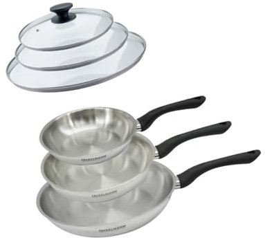 Fackelmann 9442150 Set 3 poêles 20 24 et 28 cm en inox 18/8 et 3 couvercles verres, Poêle de cuisson, Poêle tous feux, Poêle induction, Poêle sans PFAS, Acier inoxydable 18/8, Verre, 20 24 et 28 cm
