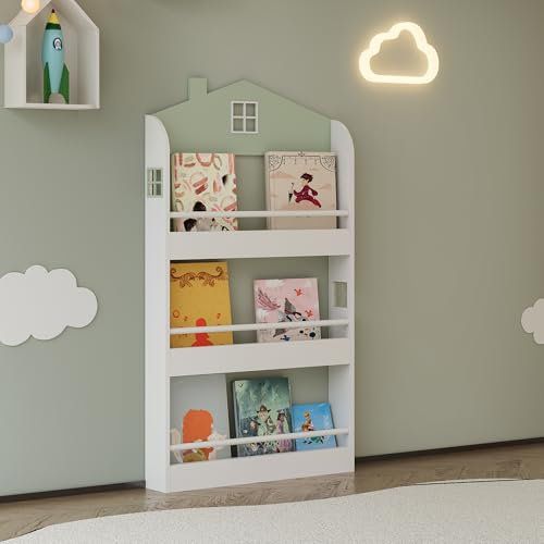[en.casa] Libreria Frontale per Bambini Scaffale per Cameretta Design a Casetta con Barre Anticaduta Montaggio a Parete o a Terra 106x60x12 cm Menta Verde/Bianco