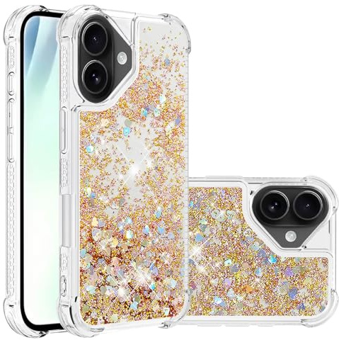 IMEIKONST Glitter Liquid Case for iPhone 17 6.3 inch Clear Gold YBW | Sparkly Bling Quicksand Flowing Transparent Cover, TPU Bumper Silicone Shockproof Protective, Lovely Case for Women Girls