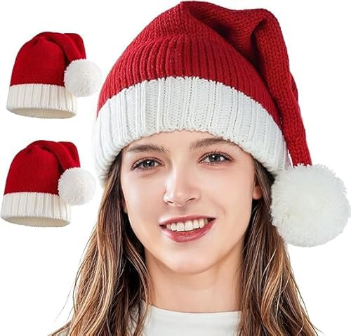 2 Stück Weihnachtsmütze, Nikolausmütze Erwachsene, Weihnachtsmann Mütze Stricken, Weihnachtsmützen Erwachsene, Weihnachtsmannmütze für Frauen Männer, Rote Santa Mütze für Weihnachtsfeier, Neujahr (E)