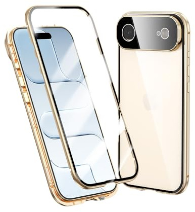 Colala Case for iPhone 17 Air, Magnetic Adsorption Metal Bumper with Front and Back Transparent Tempered Glass Cover 360 Degree Full Body Protective Case,Gold