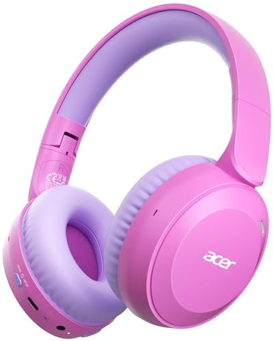 Acer Kids Headphones Wireless, Foldable, with 85/94dB Volume Limiter | Toddler Headphones with Built-in Mic, Stereo Sound, 60H Playtime, for iPad, Tablet, Travel (Pink)
