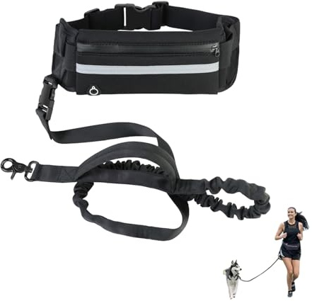 Correa Perro Cintura,Correa para Perros con Cinturón, Bolsa Desmontable y Correa Elástica, Ideal para Correr y Pasear con Tu Perro (Negro)