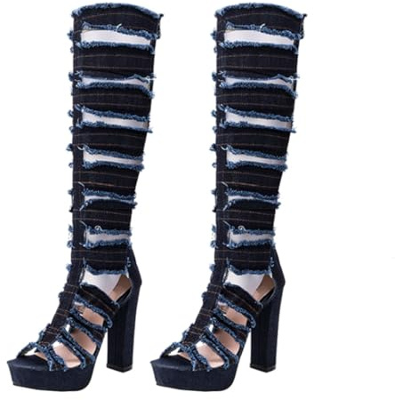 ifundom Stivali Tacchi Alto da Donna a Bocca di Pesce, Sandali Estivi Traspiranti in Denim Blu Scuro, Stivali Alti al Ginocchio Tacchi Largo Antiscivolo, Calzature Moda Femminile
