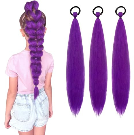 FOSDICK 3 Pièces Meche Violette Cheveux Enfant, 60 cm Violet Perruque Femme, Perruques avec Elastique Cheveux, Perruque Violette Deguisement Adulte Enfant pour Cosplay Halloween Carnaval Fête