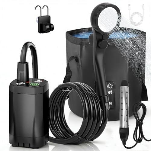 Yapasopu Douche de Camping avec Batterie 6000 mAh, Pompe et Tuyau d'arrosage de 200 cm, Douche Mobile pour Le Jardin, Le Lavage de Voiture, Les Animaux, la Plage et Les Voyages