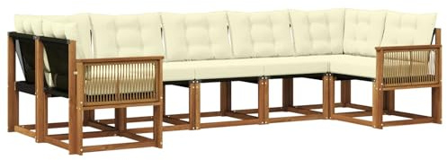vidaXL Outdoor-Sofagarnitur mit Kissen 7 pcs Natur und Creme, Moderne Gartenlounge, robuster Sofa, eleganter Patio, stylische Möbel für gemütliches Sitzen im Freien