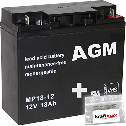 Kraftmax Batterie au plomb AGM 12 V / 18 Ah - MP18-12 [M5 – Boulons avec vis et écrous] - Certifiée VdS (organisme d'assureurs allemands) + 2 adaptateurs de raccordement Kraftmax