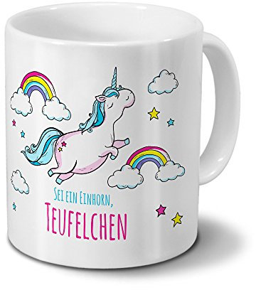 printplanet Tasse mit Namen Teufelchen - Motiv Dickes Einhorn - Namenstasse, Kaffeebecher, Mug, Becher, Kaffeetasse - Farbe Weiß