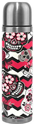 hengpai Thermosflasche, Totenkopf, Flora, vakuumisoliert, Edelstahl, doppelwandig, Reisebecher aus echtem Leder, hält Getränke kalt und heiß