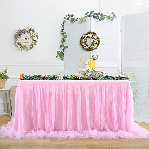 HBBMAGIC gonna da tavolo in tulle rosa baby senza luce, 183 cm, con volant, tutu lavabile per matrimonio, festa, compleanno, baby shower, torta, dessert, battesimo.