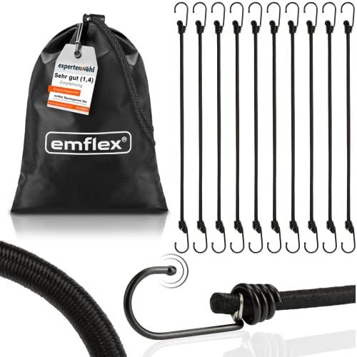 emflex® GS-MAX Profi Spanngummi Set [10 Stück] inkl. Tasche – MARKTINNOVATION – Expander mit Haken & voll-integrierten Kratzschutz-Kappen – Universal Gepäckspanner