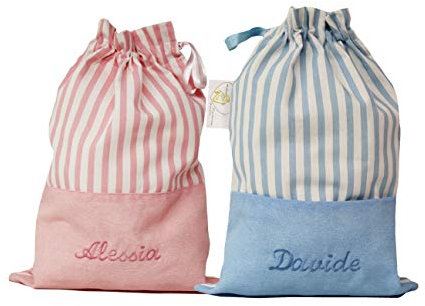 Sacco nascita - Sacchetti primo cambio per ospedale per la nascita con ricamo disegno e nome personalizzabile Neo Mamma (celeste rigato)