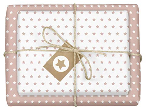 dabelino® Geschenkpapier Set Sterne (pastell-rosa/weiß): 4x Bögen + 4x Anhänger (Öko Recycling, nachhaltig, hell rosa, Weihnachten, Geburtstag, zur Geburt Baby Mädchen, für jeden Anlass)