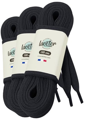 Laceter 3 Paires de Lacets Plats Blancs en Coton 8mm pour Baskets, Sneakers, Chaussures de Sport - Compatibles Nike, Adidas, Converse, Vans, New Balance - Longueur 120 cm, Noir