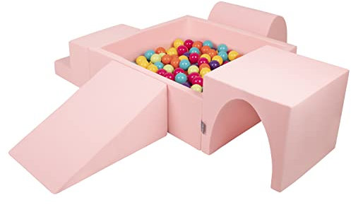KiddyMoon Aire De Jeux en Mousse avec Carré Piscine À Balles (300 Balles) pour Enfants, Rose:Vert Clair/Jaune/Turq/Orange/R.Foncé/Violet