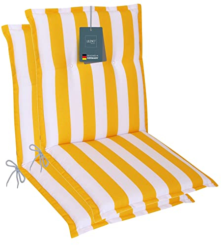 LILENO HOME Lot de 2 coussins pour chaise de jardin Avec bandes de blocs jaunes Confortable comme coussins de siège pour meubles de jardin Coussin de chaise pour chaises de jardin et chaises pliantes