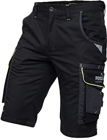 PUMA Workwear Precision X - Kurze Arbeitshose Herren - Robuste & Flexible Arbeitsshorts - Viele Taschen und Bequeme Passform - Ideal für Handwerk Heimwerk und Baugewerbe - Schwarz/Neon - Gr. 54