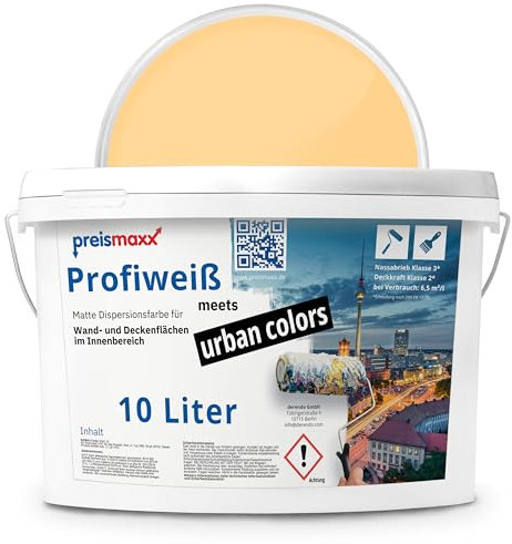 Preismaxx Profiweiß Wandfarbe gelb 10L, hohe Deckkraft, Dispersionsfarbe innen, Innenwandfarbe Raumfarbe honiggelb deckend, Deckkraftklasse 2, matt Innenfarbe Profi Qualität