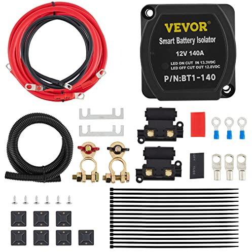 VEVOR Doppelbatterie Trennrelais 12 V Split Charge Kit, 140 A spannungsempfindliches Relais Set -30 bis 105 ℃, automatisches Ladegerät & Kabel Set für Lastwagen, Wohnmobil, Werkstatt, Auto & Schiff
