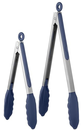 315℃ Heat Resistant Kitchen Tongs: U-Taste Silicone Cooking Tong Set with Firm Sealed Non Stick Silicone Tips and Silicon Coated 18/8 Stainless Steel Handle for Serving (Set of 2, Midnight Blue)