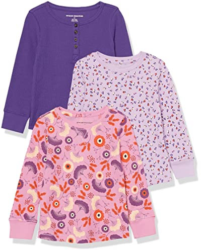 Amazon Essentials Girls' Long-Sleeved Knitted Thermal T-Shirt, Pack of 3, Purple/Folk Floral, 4 Years