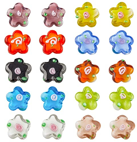HOBBIESAY 20 cuentas de lampwork de cristal Millefiori de 10 colores, 13,5 x 15 mm, cuentas de cristal de flor de ciruelo, cuentas planas para joyería, collares, pulseras, aretes, fabricación de