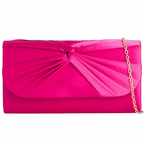 Borsa a mano in raso plissettato per matrimonio, ballo di fine anno, matrimonio, sera, Rosa fucsia, medium
