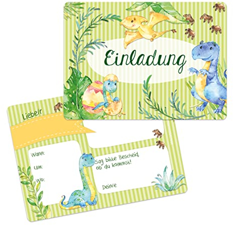Papierdrachen 12 Einladungskarten zum Geburtstag für Kinder - Motiv Dino - Geburtstagseinladungen für deine Geburtstagsparty (DIN A6 mit abgerundeten Ecken)