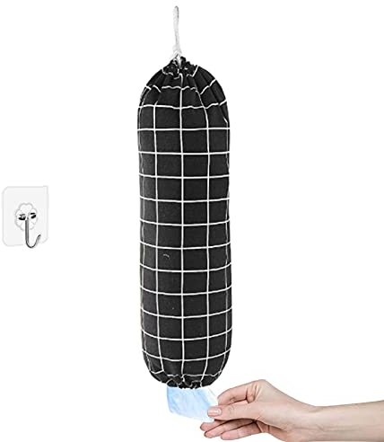 JEOPKO Plastic Bag Holder Organizer, Large Grocery Storage Dispenser Washable Organizer Reusable Shopping for Home Kitchen Travelling, Free Adjustment with Drawstring, Black, 22x9Inch