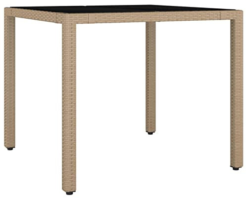 Homgoday Table de jardin avec plateau en verre, table à manger, table de balcon, table de balcon, table basse pour jardin, balcon, terrasse - Beige - En polyrotin et bois d'acacia - 90 x 90 x 75 cm