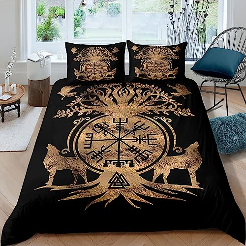WIKINGER Bettwäsche 135x200 cm 2teilig Jungen 100% Mikrofaser Sommer Weiche Winter Warm Kinder Bettbezüge mit Reißverschluss 3D Viking Baum des Lebens Bettbezug mit Kissenbezüge 80x80 cm