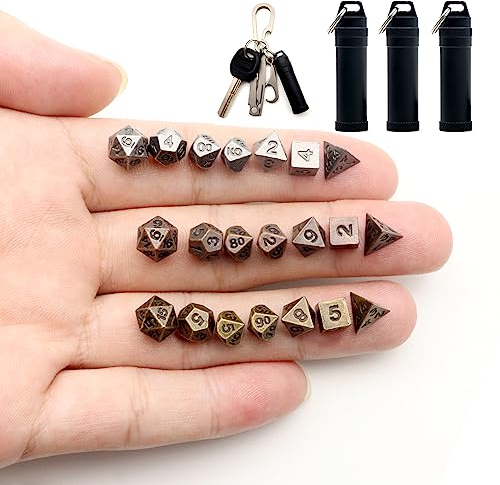 Haxtec Mini-Würfel-Set, winzige kleine Metall-DND-Würfel-Set mit Würfeletui, tragbar, antikes Metallwürfel-Set für Schlüsselanhänger, 3 Sets, 3 Sets Mini